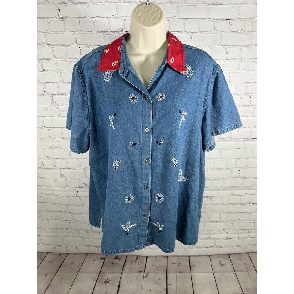 Vtg DONNKENNY Embroidered Beaded Short Sleeve Red Collar Denim Button Up XL